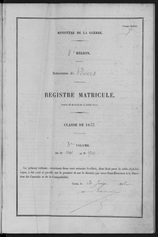 Bureau de Nevers, classe 1882 : fiches matricules n° 1001 à 1500