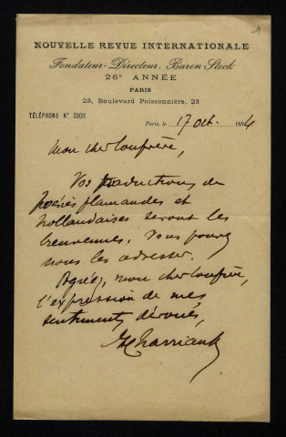 CHARRIAUT (Henri), critique à la Nouvelle Revue Internationale : 11 lettres.