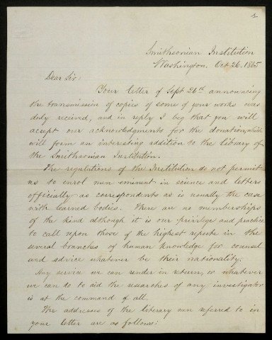 HENRY (Joseph), membre de la Smithsonian Institution à Washington : 1 lettre.