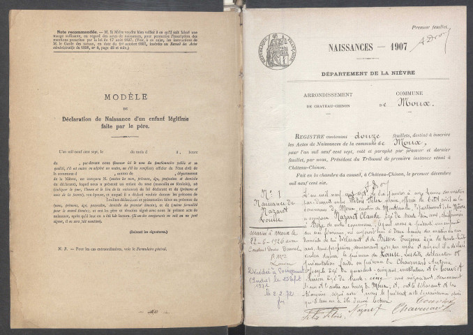 Moux-en-Morvan : actes d'état civil.