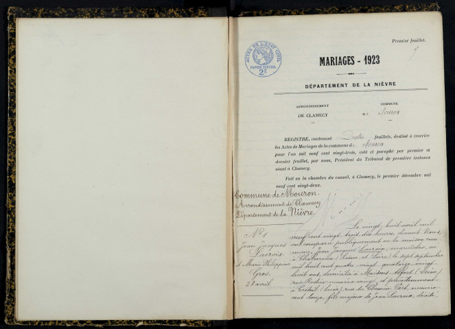 Mouron-sur-Yonne : actes d'état civil.