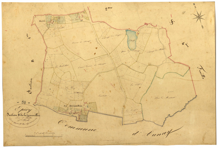 Epiry, cadastre ancien : plan parcellaire de la section B dite de la Grenouillère, feuille 5