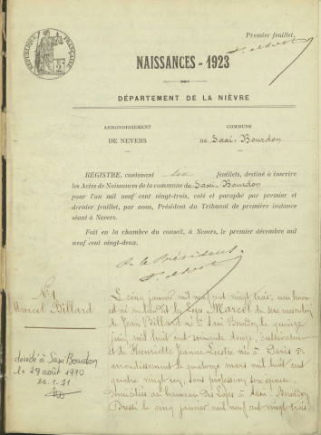 Saxi-Bourdon : actes d'état civil.