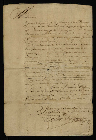 Impôts et taxes (don gratuit). - Logement des troupes, exemption de la chartreuse d'Apponay et des habitants de Rémilly : copie d'une lettre de recommandation du 4 avril 1653 auprès de l'élection de Moulins (1653), copie d'une lettre de sollicitation du trésorier Le Tellier du 4 juin 1653 (1653).
