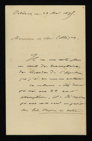 COURET (Alphonse), magistrat et folkloriste à Orléans (1841-1916) : 1 lettre.