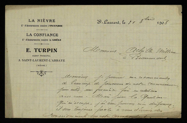 TURPIN (E.), assureur à Saint-Laurent (Nièvre) : 1 lettre.