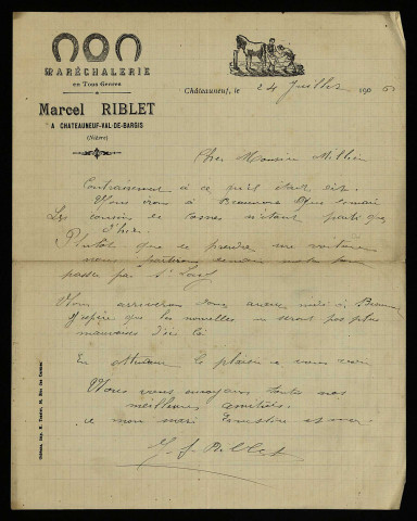 RIBLET, maréchal-ferrant à Châteauneuf-Val-de-Bargis (Nièvre) : 1 lettre.
