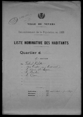 Nevers, Quartier de Nièvre, 17e section : recensement de 1926