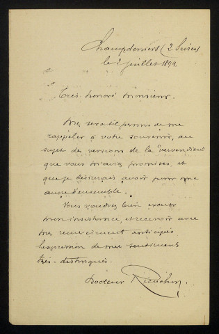 RICOCHON, médecin et folkloriste à Champdeniers (Deux-Sèvres) : 1 lettre.