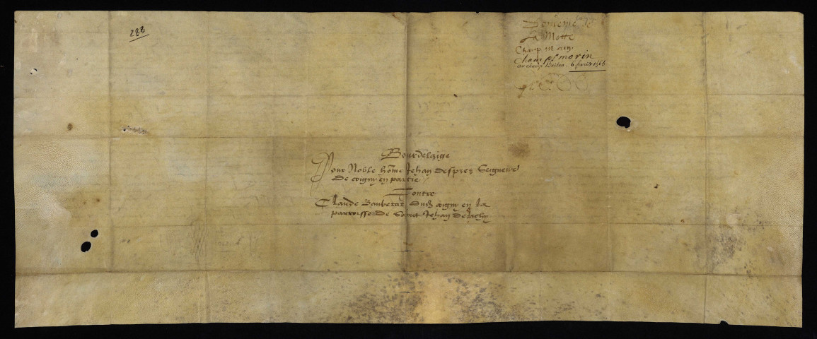 Biens et droits. - Foncier (domaine de la Motte) dit champ Morin en la paroisse de Saint-Jean-de-Lichy (commune de Saint-Jean-aux-Amognes), amodiation par Desprez seigneur de Cougny à Beaubetat et Prevost sa femme : copie du bail à bourdelage du 6 février 1565.