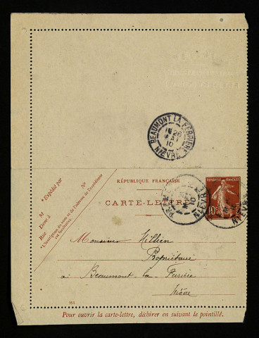 BOUDOT (L.), plâtrier à Prémery (Nièvre) : 1 lettre.