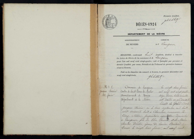 Langeron : actes d'état civil.