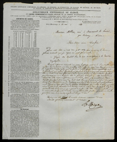 MIGNE (Jacques Paul), abbé et imprimeur à Petit-Montrouge (Seine) (1800-1875) : 1 lettre.