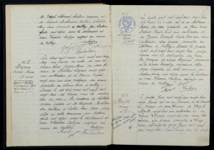 Millay : actes d'état civil.