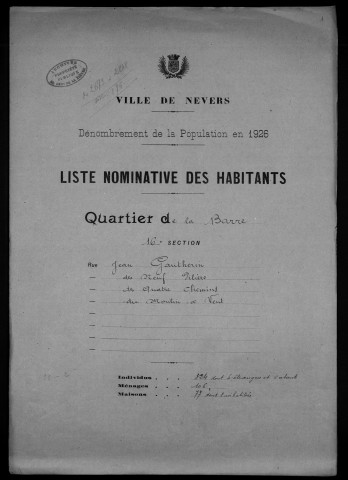 Nevers, Quartier de la Barre, 16e section : recensement de 1926