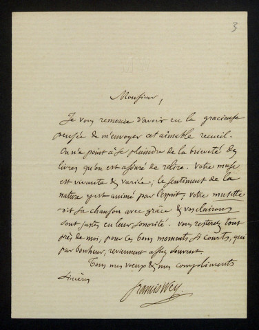 WEY (Francis), écrivain (1812-1882) : 2 lettres.