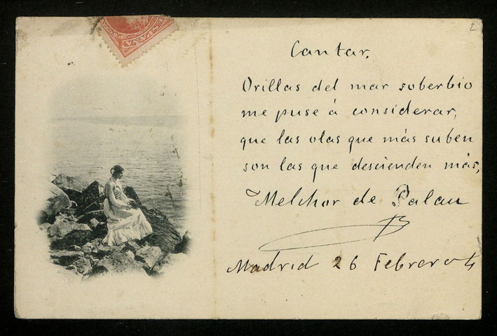 PALAU (Melchor de), poète espagnol : 1 lettre, 1 carte postale illustrée.