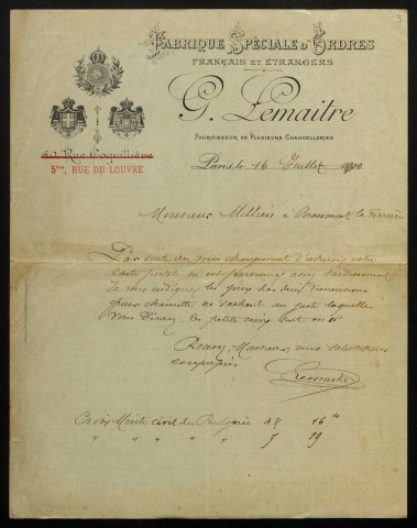 LEMAITRE (G.), fabricant de médailles à Paris : 4 lettres.