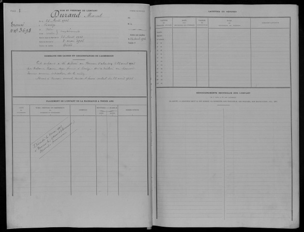 Enfants abandonnés, admission de 1916 à 1918 : registre matricule des n° 3698 à 3898.