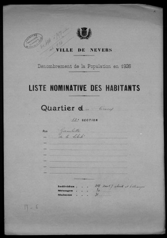 Nevers, Quartier du Croux, 13e section : recensement de 1926
