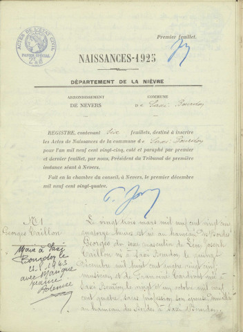 Saxi-Bourdon : actes d'état civil.