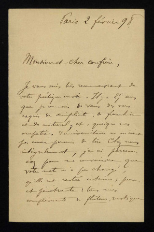 FABIÉ (François), poète (1846-1928) : 1 lettre.