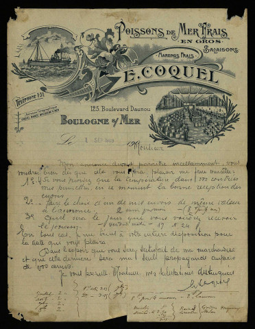 COQUEL, poissonnier à Boulogne-sur-Mer (Pas-de-Calais) : 2 lettres.