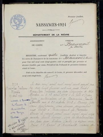 Beaumont-la-Ferrière : actes d'état civil.