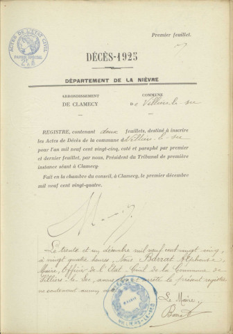 Villiers-le-Sec : actes d'état civil.