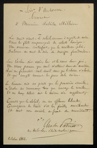 PATRIAT (Charles), curé de Jully (Yonne) (1842-1910) : 7 lettres.