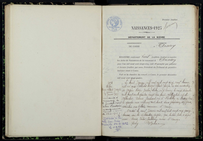 Annay : actes d'état civil.