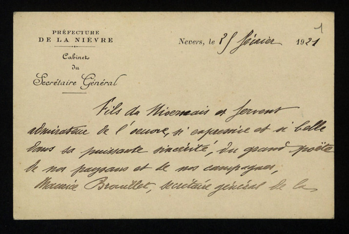 BROUILLET (Maurice), secrétaire général de la Préfecture de la Nièvre : 2 lettres.