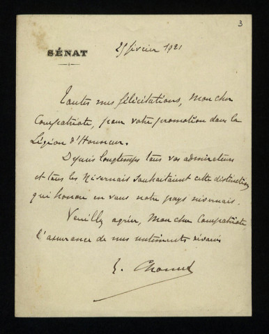 CHOMET (Émile), homme politique (1863-1936) : 3 lettres.