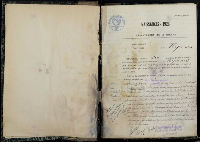 Myennes : actes d'état civil.