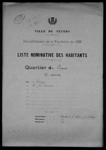 Nevers, Quartier du Croux, 17e section : recensement de 1926