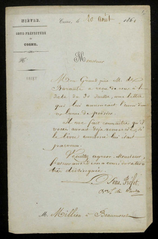 NERVO (Frédéric, baron de), sous-préfet à Cosne (1836-1883) : 1 lettre.