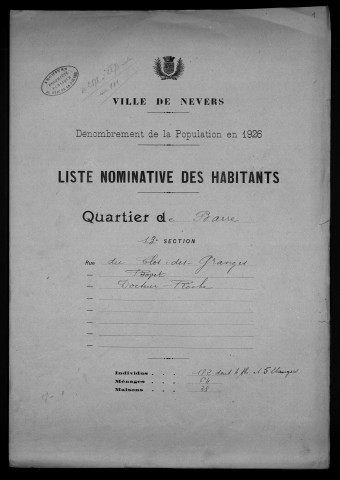Nevers, Quartier de la Barre, 13e section : recensement de 1926