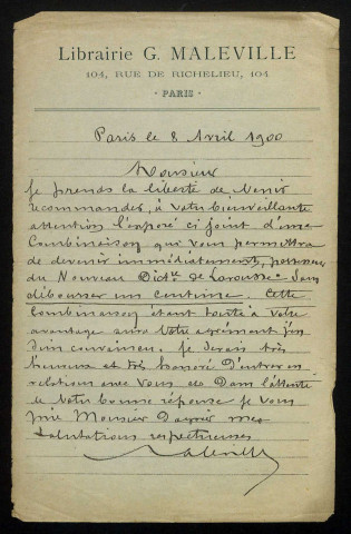 MALEVILLE (G.), libraire à Paris : 1 lettre.