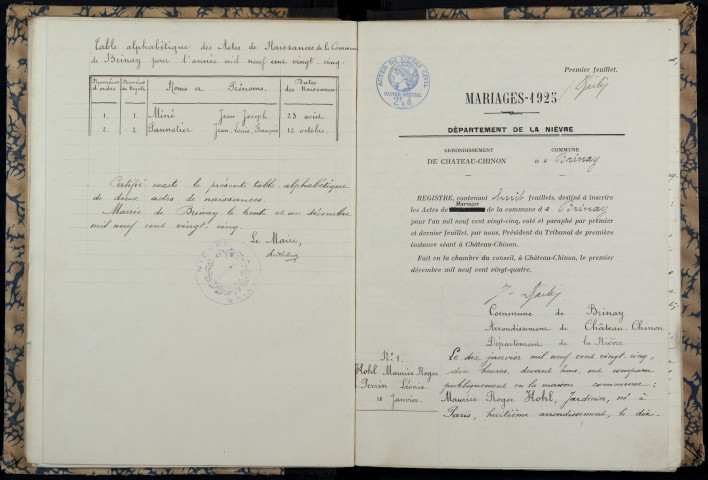 Brinay : actes d'état civil.