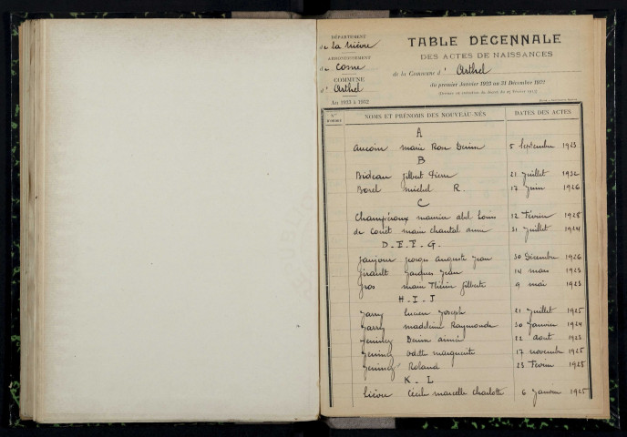 Arthel : table décennale.