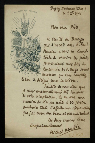 ABADIE (Michel), poète et instituteur (1866-1922): 1 lettre, 1 carte postale illustrée.
