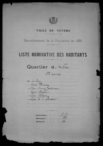 Nevers, Quartier de Loire, 1re section : recensement de 1921