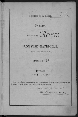 Bureau de Nevers, classe 1886 : fiches matricules n° 1 à 499