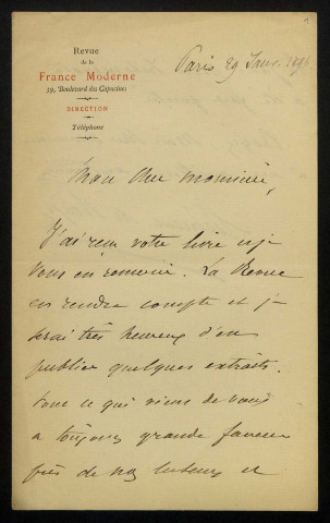 ROYE (Clément de), publiciste à la Revue de la France moderne : 1 lettre.