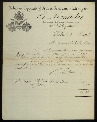 LEMAITRE (G.), fabricant de médailles à Paris : 4 lettres.