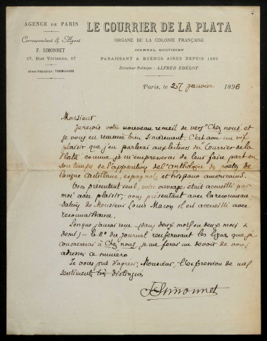 SIMONNET (F.), rédacteur au Courrier de la Plata : 1 lettre.