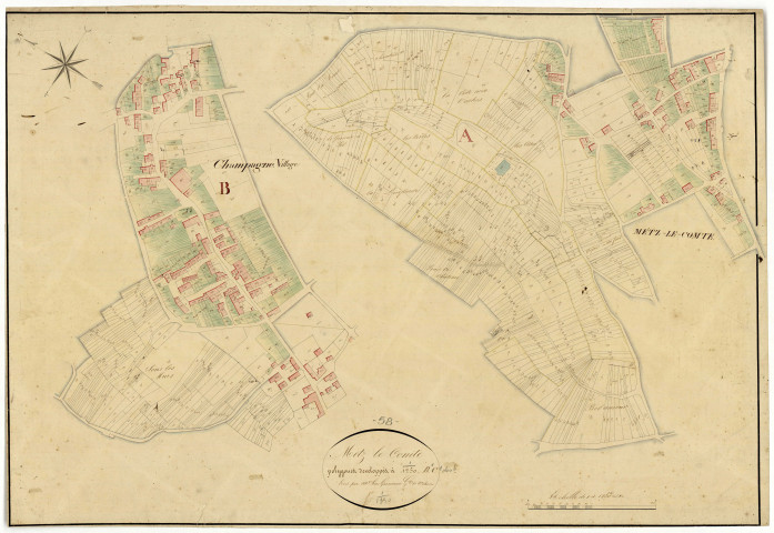 Metz-le-Comte, cadastre ancien : plan parcellaire de la section B dite du Bourg, feuille 1 et de la section C dite de Champagne, feuille 1, développement