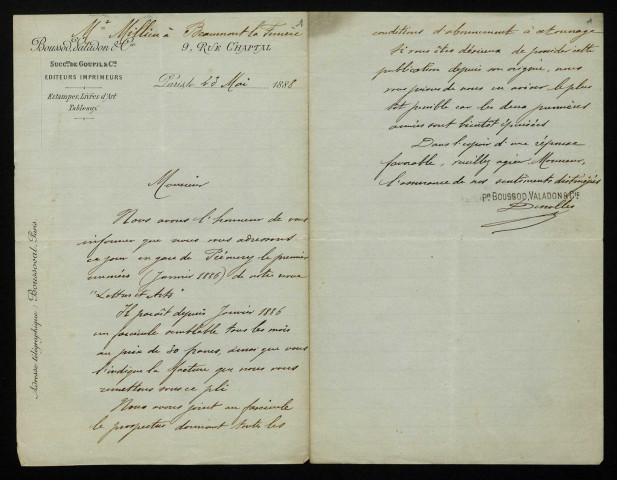 BOUSSOD, VALADON et Cie, éditeur à Paris : 2 lettres.