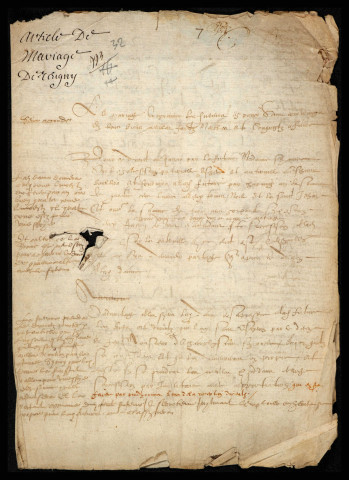 Mariage d'Edme de Reugny fils de Monsieur du Tremblay (commune d'Isenay) : articles du contrat de mariage.