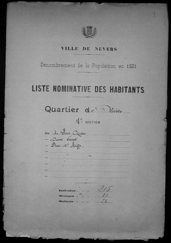 Nevers, Quartier de Nièvre, 4e section : recensement de 1921